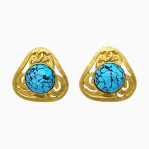 Chanel 1995 Gold & Blue Marble 'Cc' Earrings 131576, Set of 2