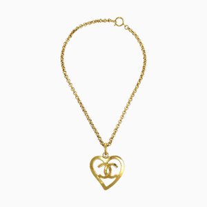 CHANEL 1995 Gold CC Heart Cutout Pendant Necklace 48545