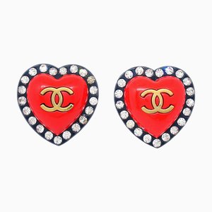 Chanel Boucles d'Oreilles Clip-On Heart Strass Rouge Noir 95P Gs02310E, Set de 2