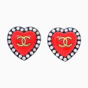 Chanel Heart Rhinestone Earrings Clip-On Red Black 95P Gs02310E, Set of 2