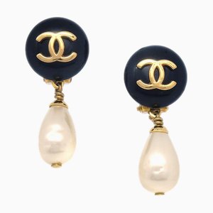 Chanel 1996 Black Cc Button & Faux Teardrop Pearl Dangle Earrings 27201, Set of 2