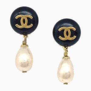 Black & Faux Teardrop Pearl Dangle Earrings from Chanel, 1996, Set of 2