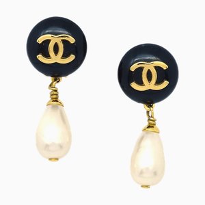 Chanel 1996 Black Cc Button & Faux Teardrop Pearl Dangle Earrings 28573, Set of 2