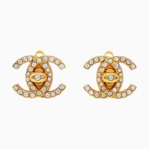 Chanel 1996 Boucles d'Oreilles Cc Turnlock en Or et Cristal Small 62835, Set de 2