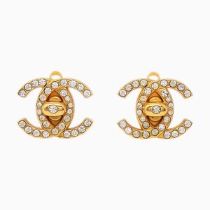 Chanel 1996 Gold & Crystal Cc Turnlock Earrings Small 62835, Set of 2