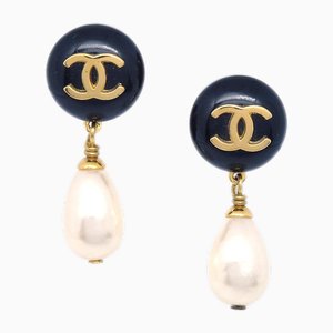 Black & Faux Teardrop Pearl Dangle Earrings from Chanel, Set of 2