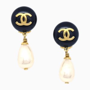 Black & Faux Teardrop Pearl Dangle Earrings from Chanel, Set of 2