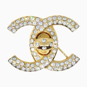CHANEL 1997 Crystal & Gold CC Turnlock Broche Small 46477