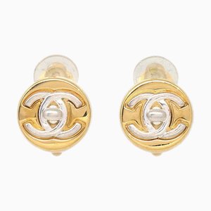 Chanel 1997 Gold & Silver Round Cc Turnlock Earrings Clip-On Small 27146, Set of 2