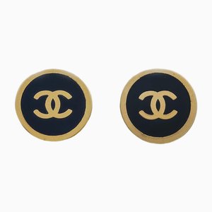 Boucles d'Oreilles Bouton Cc Dorées et Noires de Chanel, Set de 2
