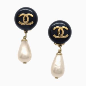 Chanel Artificial Pearl Dangle Earrings Clip-On Black 95P 29891, Set of 2