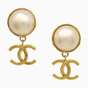 Chanel Artificial Pearl Dangle Earrings Clip-On Gold White 94A 19882, Set of 2