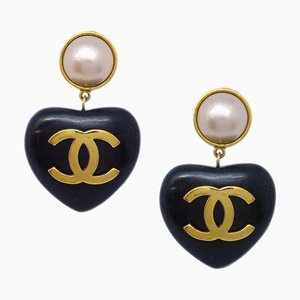 Chanel Artificial Pearl Dangle Heart Earrings Clip-On Black 28 29137, Set of 2