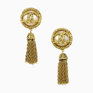 Chanel Artificial Pearl Fringe Dangle Earrings Clip-On Gold White 93P 89893, Set of 2