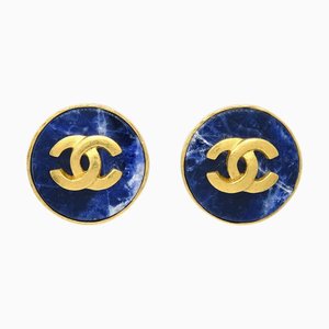 Chanel Blue Stone Button Earrings Clip-On 95A 123263, Set of 2