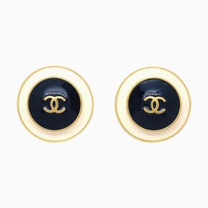 Chanel Boucles d'Oreilles Bouton Clip-On Noir Blanc 95P 112253, Set de 2