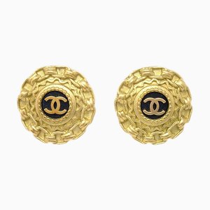 Pendientes Chanel de botón con clip dorado y negro 95P 142176. Juego de 2