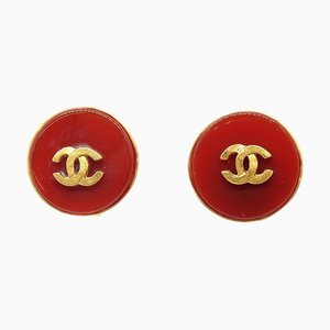 Chanel Button Earrings Clip-On Gold Brown 95A 112499, Set of 2