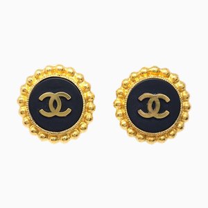 Chanel Button Earrings Gold Black Clip-On 93A 99560, Set of 2