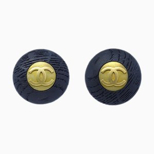 Chanel Button Earrings Gold Black Clip-On 94P 60169, Set of 2