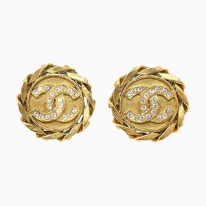 Chanel Button Rhinestone Earrings Clip-On Gold 23 75075, Set of 2