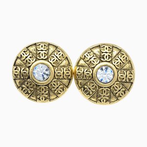 Chanel Button Rhinestone Earrings Clip-On Gold 23 66401, Set of 2