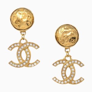 Chanel Cc Rhinestone Dangle Earrings Clip-On Gold 131581, Set of 2