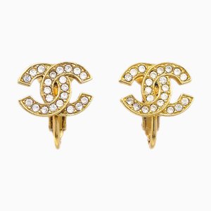 Chanel Cc Rhinestone Earrings Clip-On Gold 131514, Set of 2