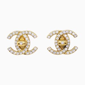 Chanel Cc Turnlock Rhinestone Earrings Clip-On Gold Medium 96A 112232, Set of 2