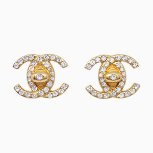 Chanel Boucles d'Oreilles avec Strass Cc Turnlock Doré Petit 97A 151766, Set de 2