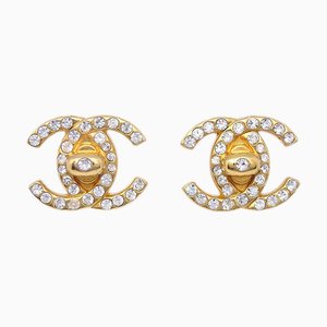 Chanel Cc Turnlock Rhinestone Earrings Clip-On Gold Small 97A 151766, Set of 2