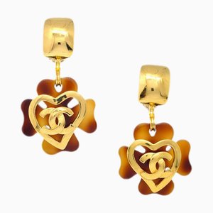 Chanel Clover Dangle Earrings Gold Clip-On 95P 142107, Set of 2