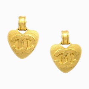 Chanel Dangle Heart Earrings Clip-On Gold 95P 112516, Set of 2
