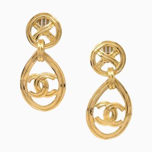 Chanel Dangle Hoop Earrings Clip-On Gold 96P 131963, Set of 2