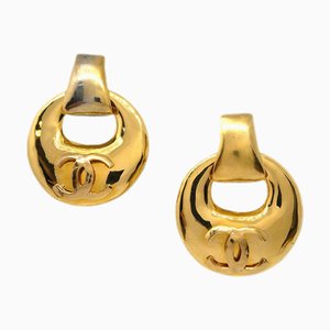 Chanel Dangle Hoop Earrings Gold Clip-On 93P 121790, Set of 2