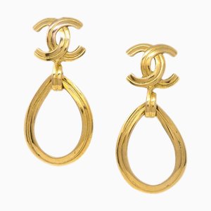 Chanel Dangle Hoop Earrings Gold Clip-On 96P 122677, Set of 2