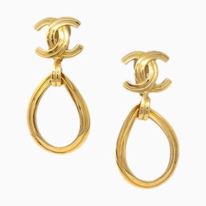 Chanel Dangle Hoop Earrings Gold Clip-On 96P 112946, Set of 2