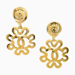 Chanel Flower Dangle Earrings Clip-On Gold 95P 131974, Set of 2