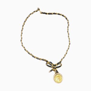 CHANEL Gold Black Bow Medallion Rhinestone Pendant Necklace 96P 123191