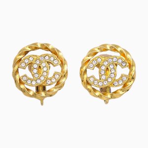 Chanel Gold Button Earrings Clip-On Rhinestone 2137 123224, Set of 2