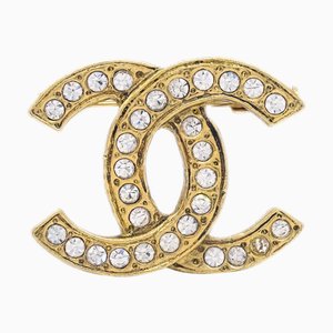 CHANEL Gold CC Brooch Pin Rhinestone 123248