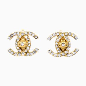 Chanel Gold Cc Turnlock Earrings Rhinestone Clip-On 96A 122300, Set of 2