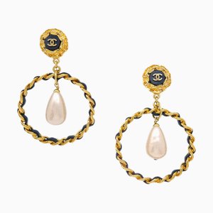 Chanel Gold Dangle Creolen Künstliche Perlen Ohrringe Clip-On 29 132734, 2 . Set
