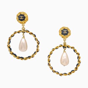 Chanel Gold Dangle Hoop Artificial Pearl Earrings Clip-On 29 132734, Set of 2