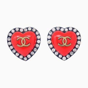 Chanel Heart Rhinestone Earrings Red Clip-On 95P 45673, Set of 2