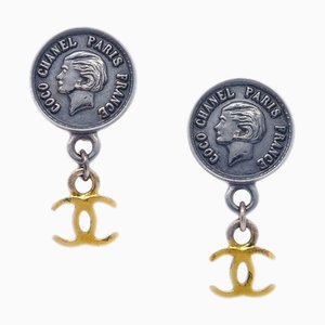 Chanel Medallion Dangle Earrings Gold Silver Clip-On 96A 110455, Set of 2