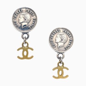 Chanel Medallion Dangle Earrings Gold Silver Clip-On 96P 141011, Set of 2