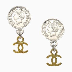 Chanel Boucles d'Oreilles Pendantes Médaillon Doré Argenté Clip-On 97P 28820, Set de 2
