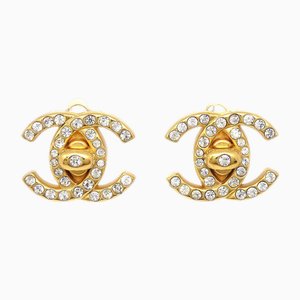 Rhinestone Turnlock Clip-On Gold Earrings from Chanel, Set of 2