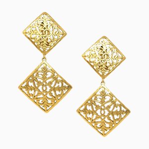 Chanel Rhombus Dangle Earrings Gold Clip-On 2788/26 142127, Set of 2